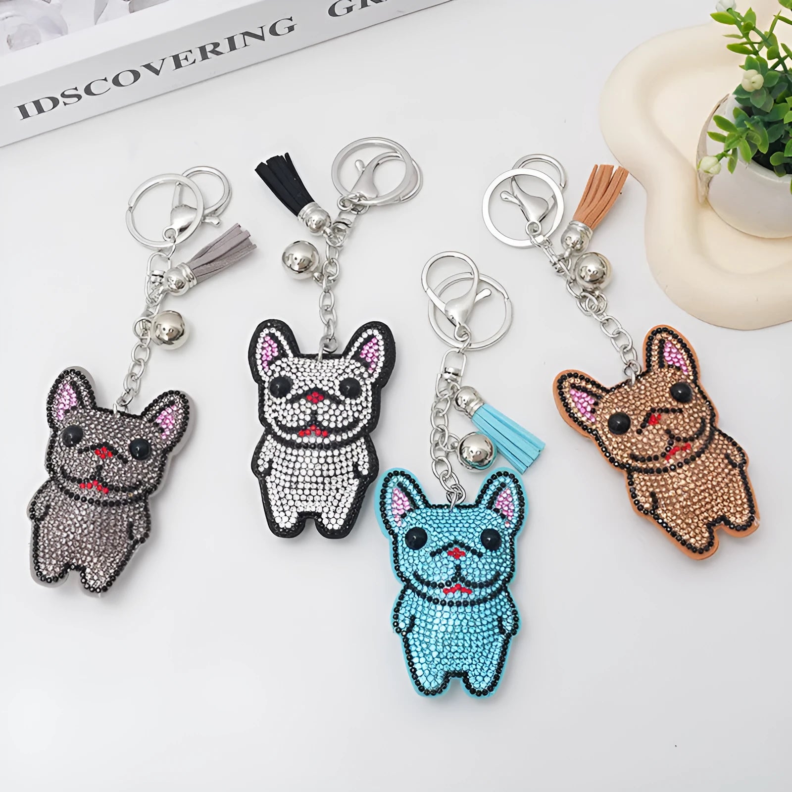 Cartoon dog design rhinestone keychain pendant on alloy base in caramel colour