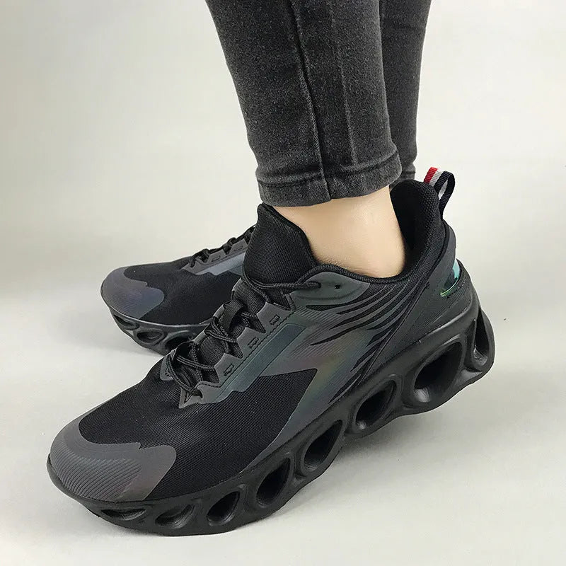 Men's black mesh sports shoes with white sole and round toe lace-up design.