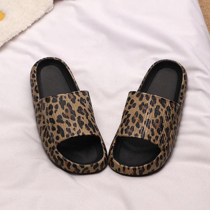 Women's leopard print EVA slippers shown in multiple colours and size options for indoor and outdoor wear.