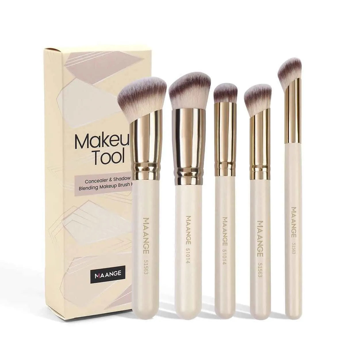 Five apricot-coloured angled makeup blush brushes with synthetic bristles arranged together