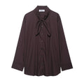 Brown women's poplin shirt with integrated bow tie scarf, cardigan style with long sleeves
