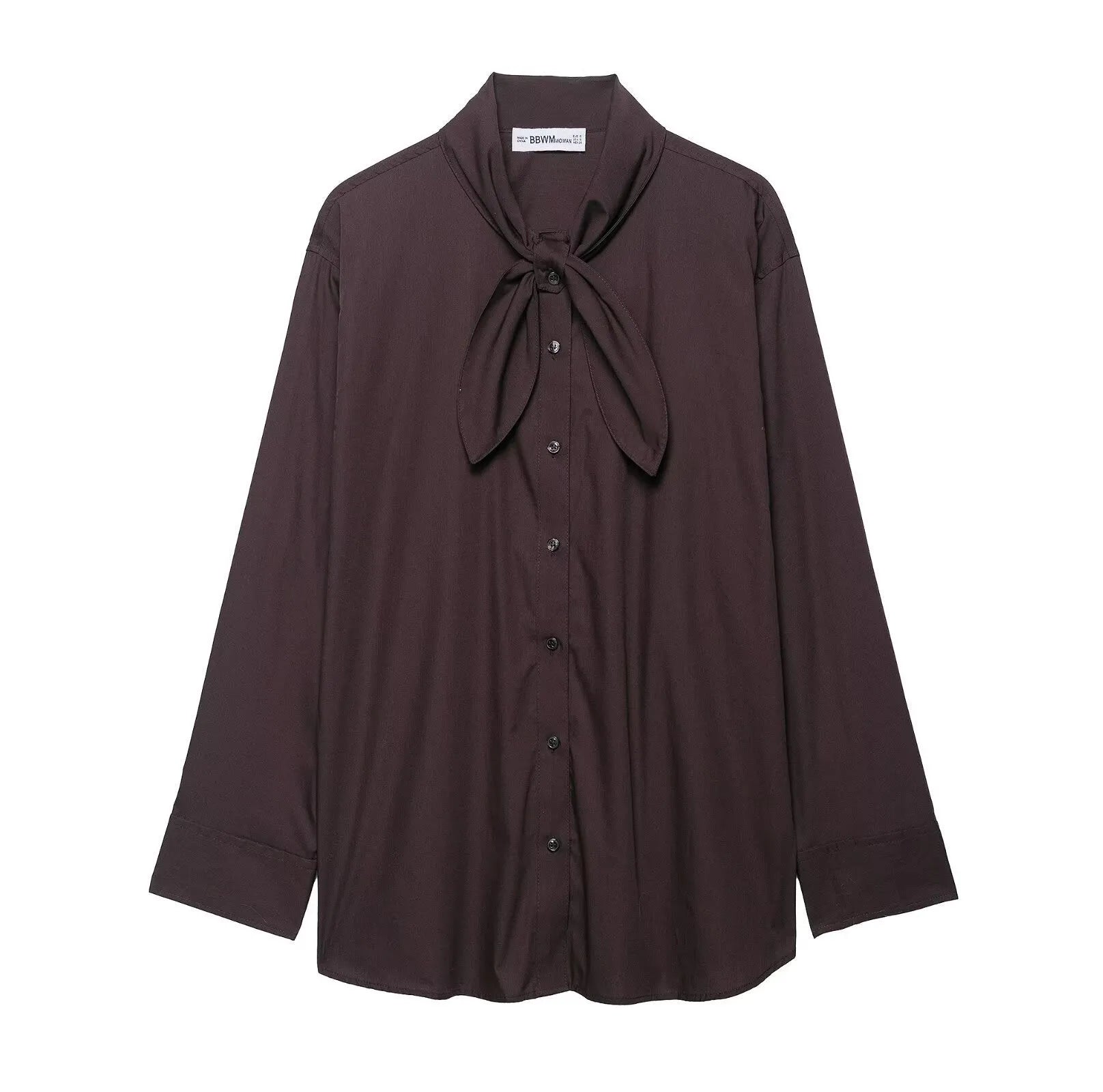 Brown women's poplin shirt with integrated bow tie scarf, cardigan style with long sleeves