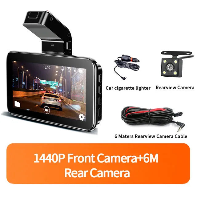 3-inch HD car DVR dashboard camera with double lens for front and rear recording, showing screen and button controls