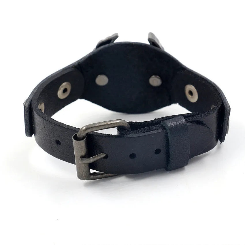 Black geometric eagle design alloy watch-buttom bracelet with leather strap