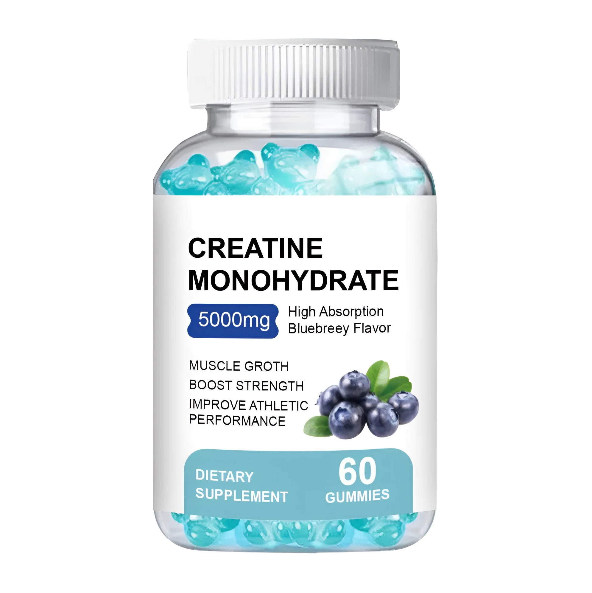 Container of 60 creatine monohydrate supplement gummies, a chewable sports nutrition product.