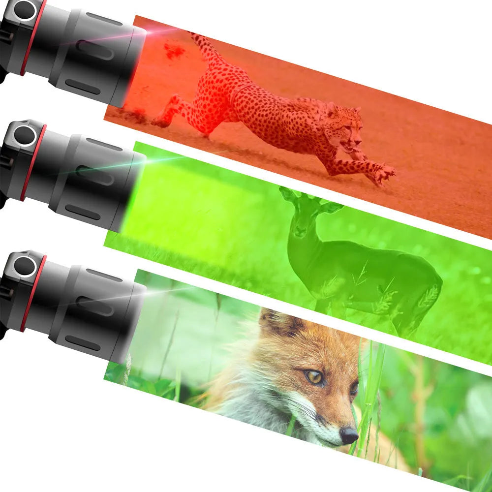 T6 LED headlamp with white green red lights showing zoomable lens and adjustable headband