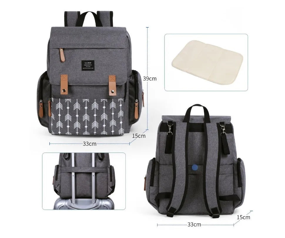 Land Mommy MPB86 large capacity oxford cloth diaper backpack with changing mat in grey colour
