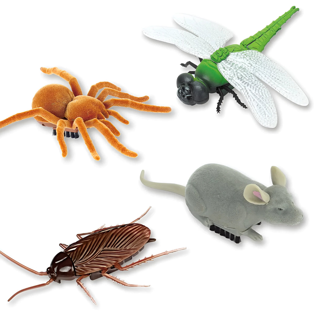 Electric vibration pet toy in choice of cockroach, tarantula, mouse, or dragonfly design.
