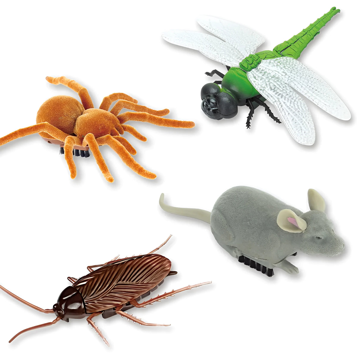 Electric vibration pet toy in choice of cockroach, tarantula, mouse, or dragonfly design.