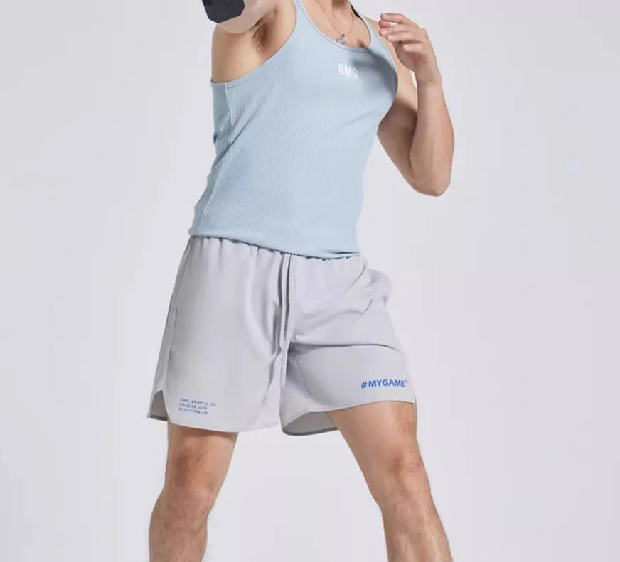 Men's fitness training shorts in blue, black, grey, or white made from polyester and spandex fabric.
