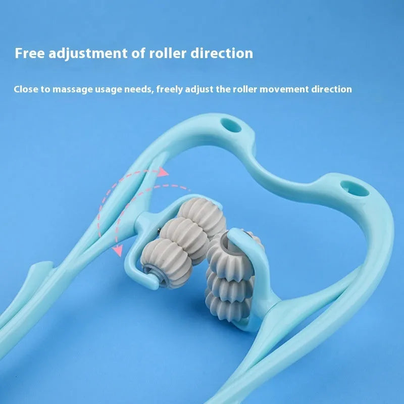 Blue handheld electric massager with six rotating wheels for shoulder neck and waist