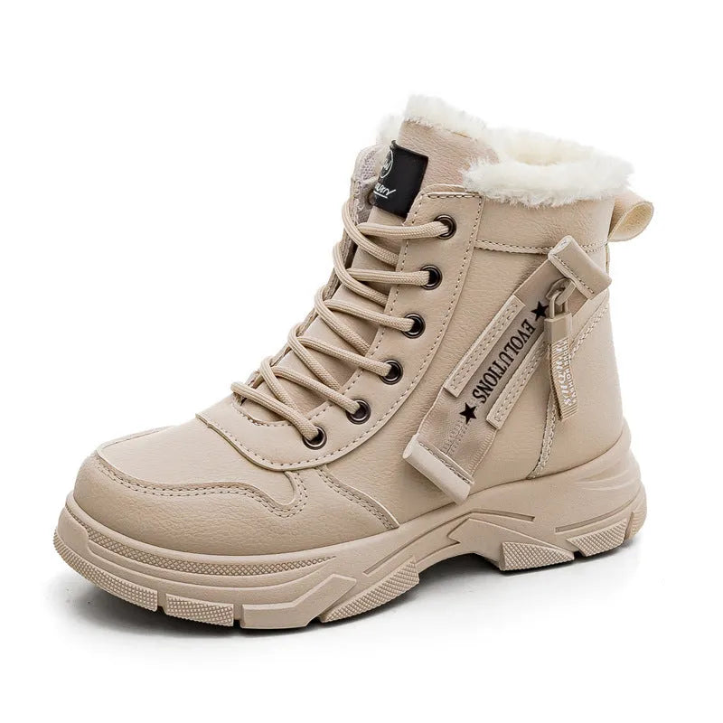 Plus size women's calf-high snow boots with lace-up front and round toe in black, khaki, or white.