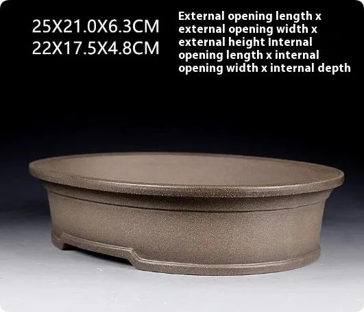 Handmade antique purple sand ceramic oval flower pot for succulents, dimensions 25cm by 21cm.