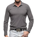 Man wearing a dark grey long sleeve polo collar t-shirt in American retro style.