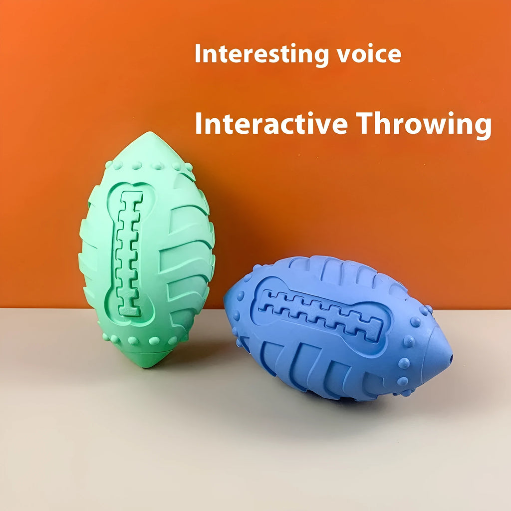 Sapphire blue rubber rugby ball dog toy with bite-resistant thickened construction.