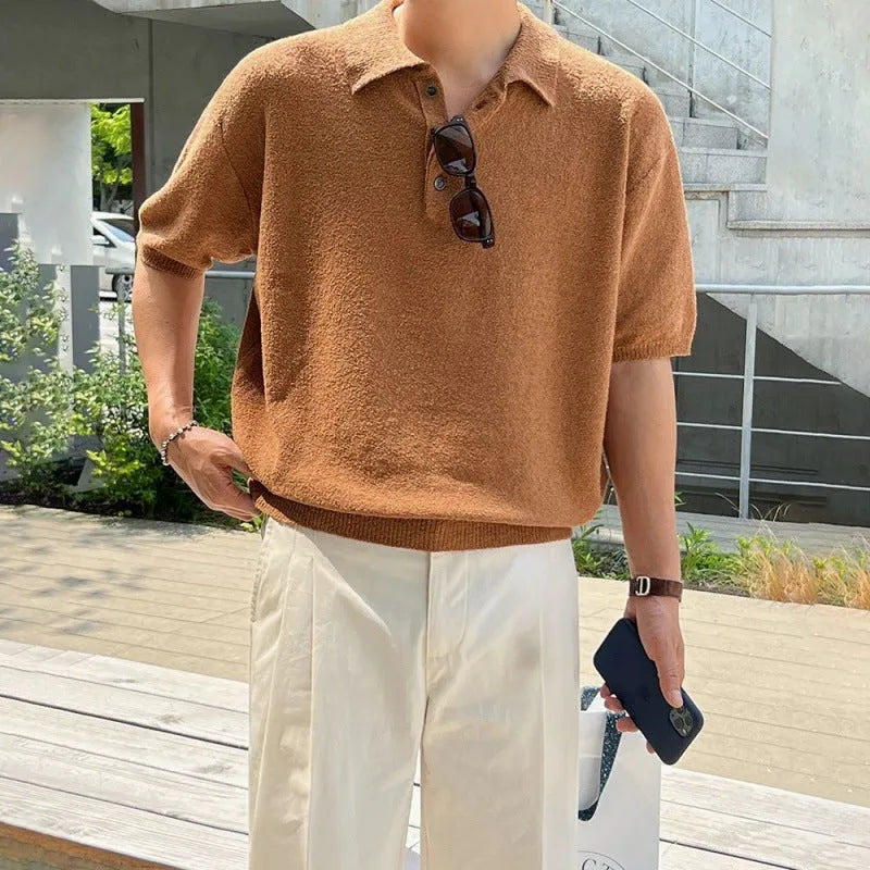 Men's caramel retro knitted polo shirt with asymmetric design and short sleeves on hanger
