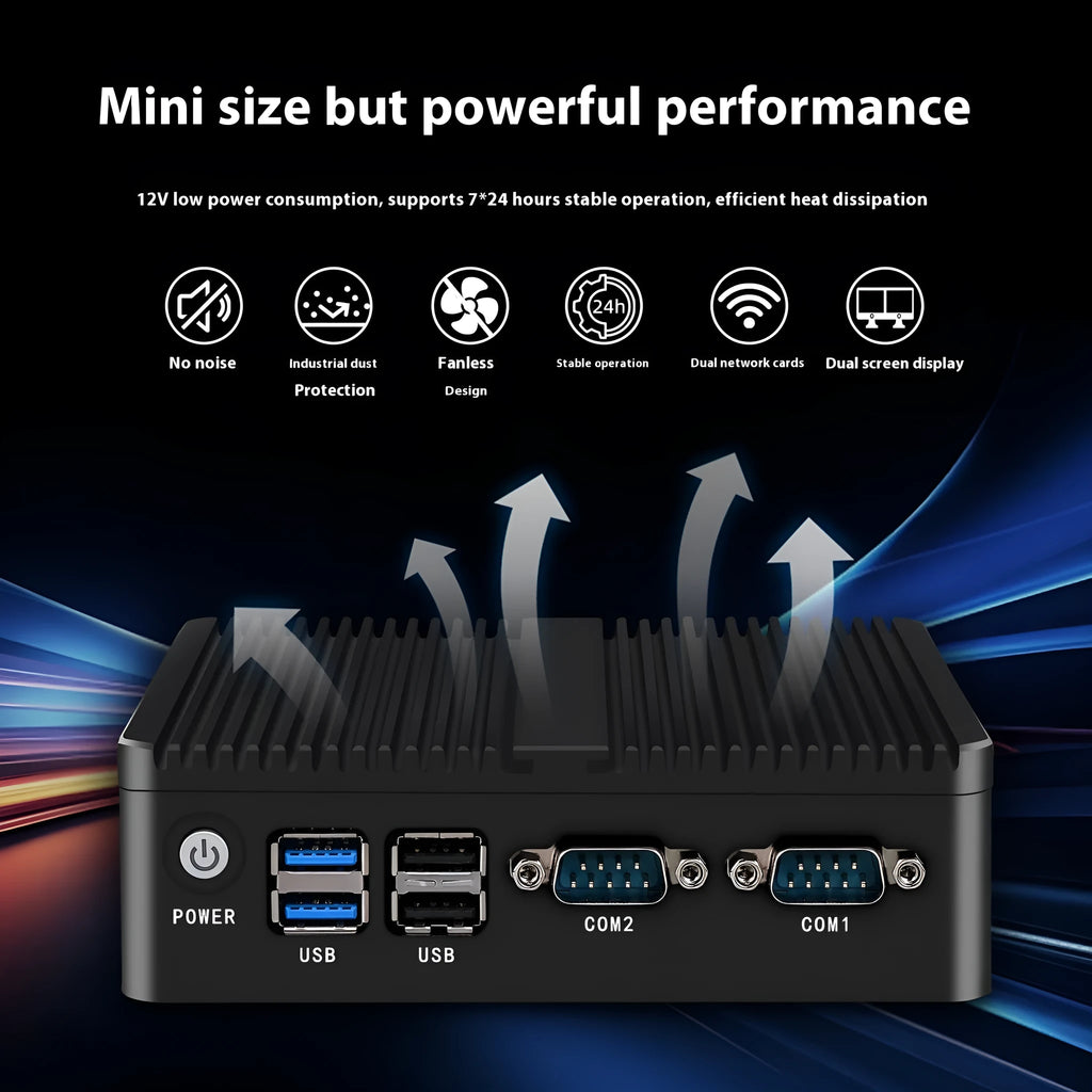 Industrial control quad-core fanless mini-host computer with compact aluminium chassis