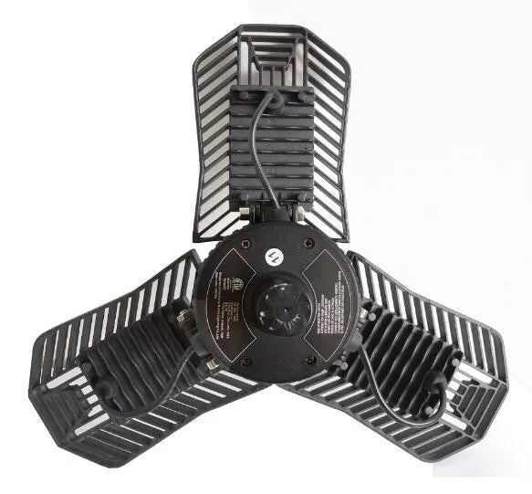A foldable silver die-cast aluminium industrial LED lamp with a wide beam, suitable for garage or workshop lighting.