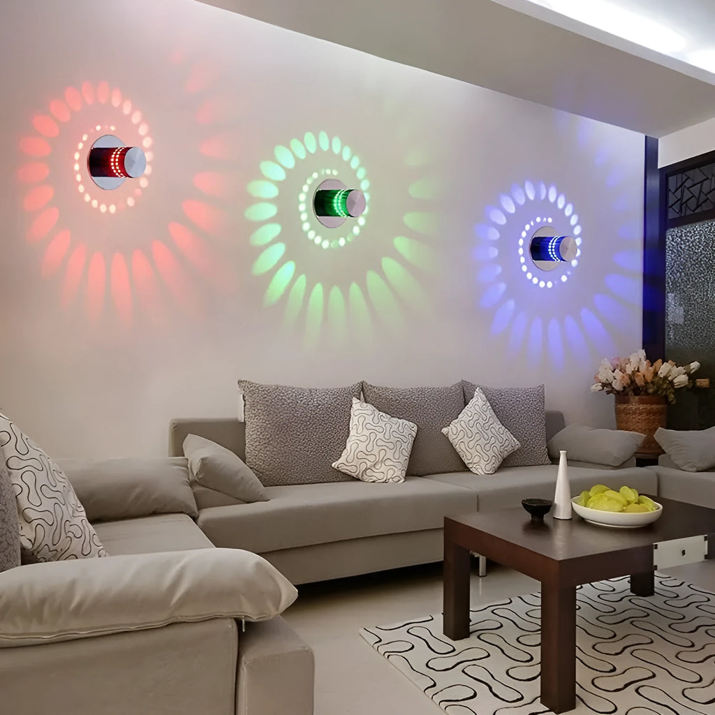Silver LED wall light with colourful slow change, 3W, aviation-grade aluminium body, for indoor ceiling or wall mounting.
