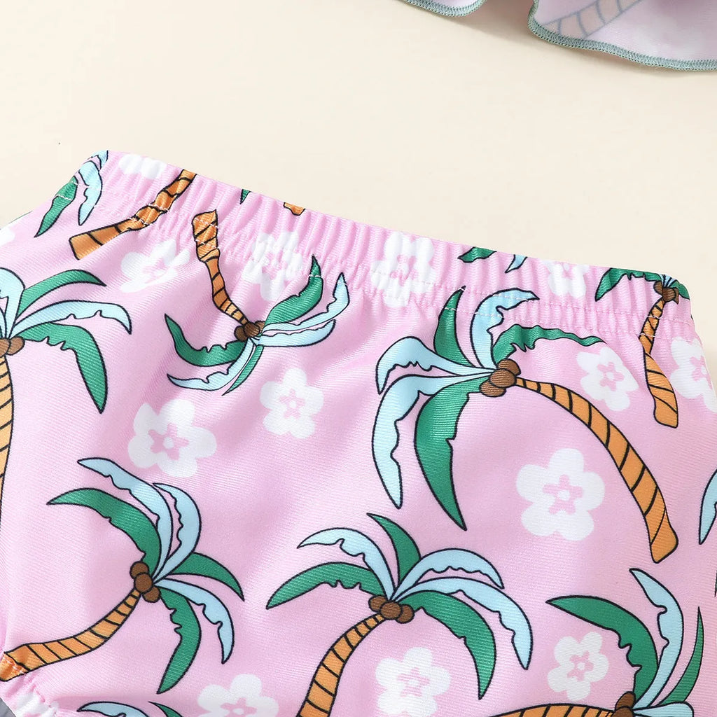 White children's two-piece polyester swimsuit set with top and shorts for spring beachwear.