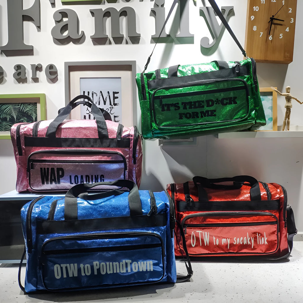 PU leather sports handbag in blue colour showing large capacity and letter pattern design