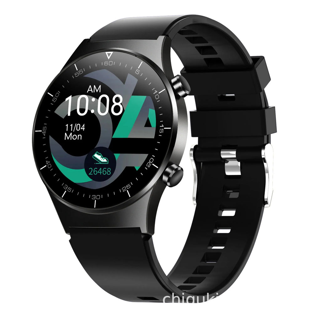 Black TPU smart watch with 1.28-inch glass touchscreen displaying heart rate and step count data