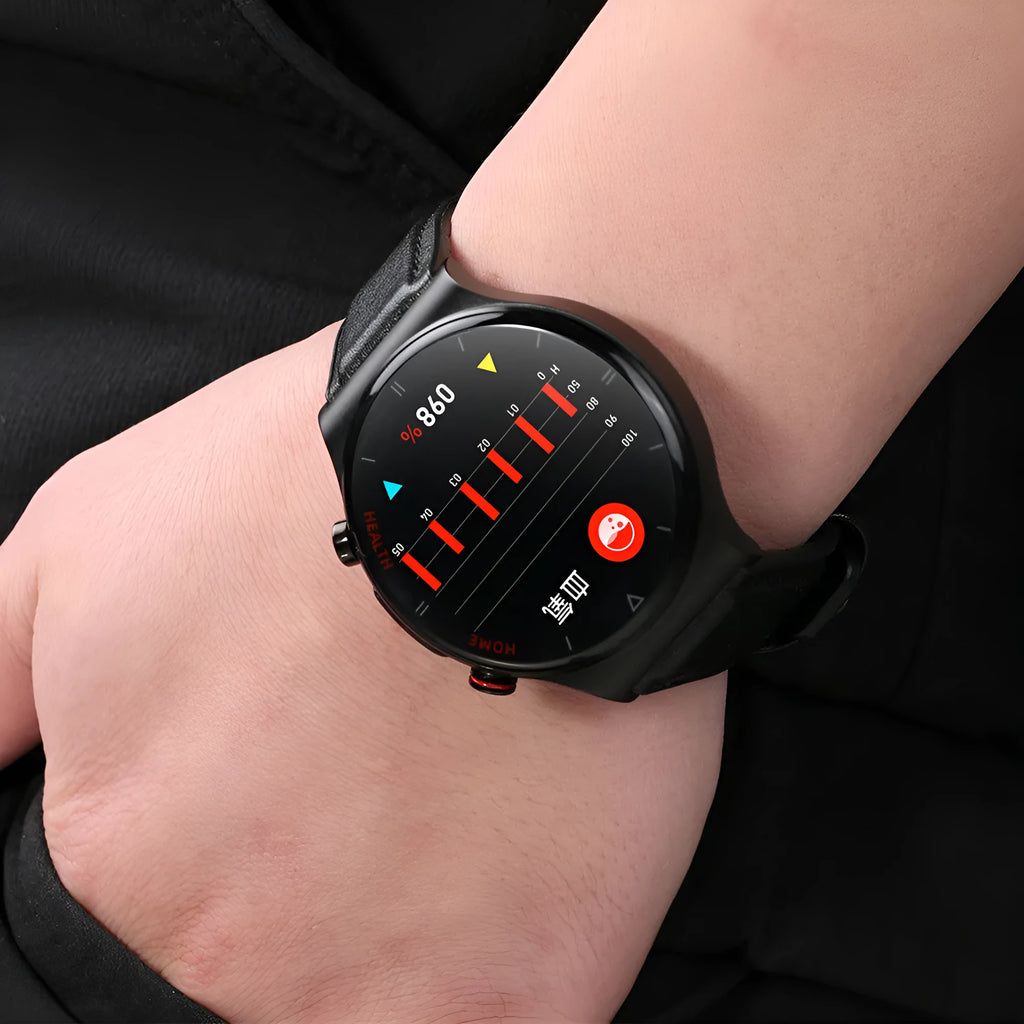 Smart watch with 1.32-inch screen, zinc alloy case, 200mAh battery, and TPU or steel strap in blue, black, or red