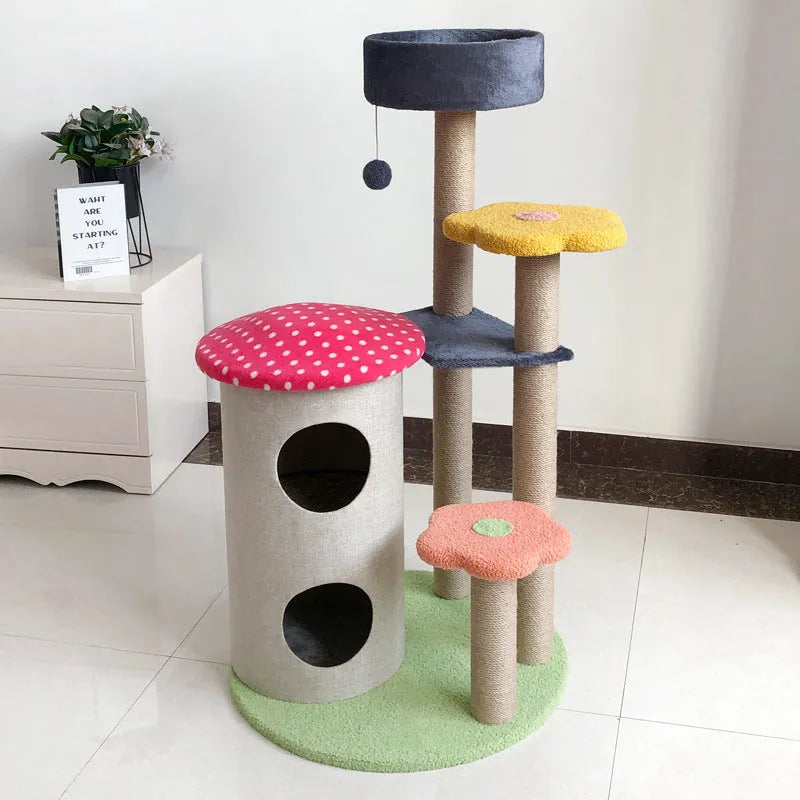 28-inch cat tower with sisal scratch board, lambswool backrest or round nest, wood frame, 4.5kg