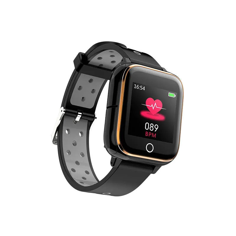 Black smartwatch with detachable Bluetooth earphones showing 1.4-inch touchscreen displaying heart rate and fitness data