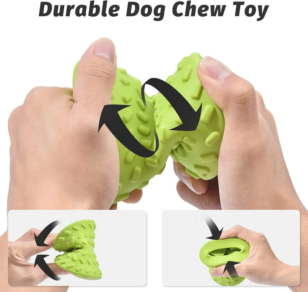 Blue natural rubber treat dispensing dog bone toy with food leakage holes for aggressive chewers