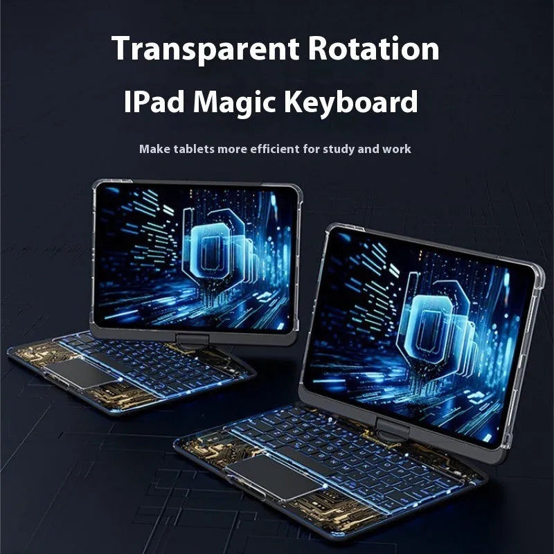 Transparent rotating keyboard integrated into a protective case for an Apple iPad tablet.