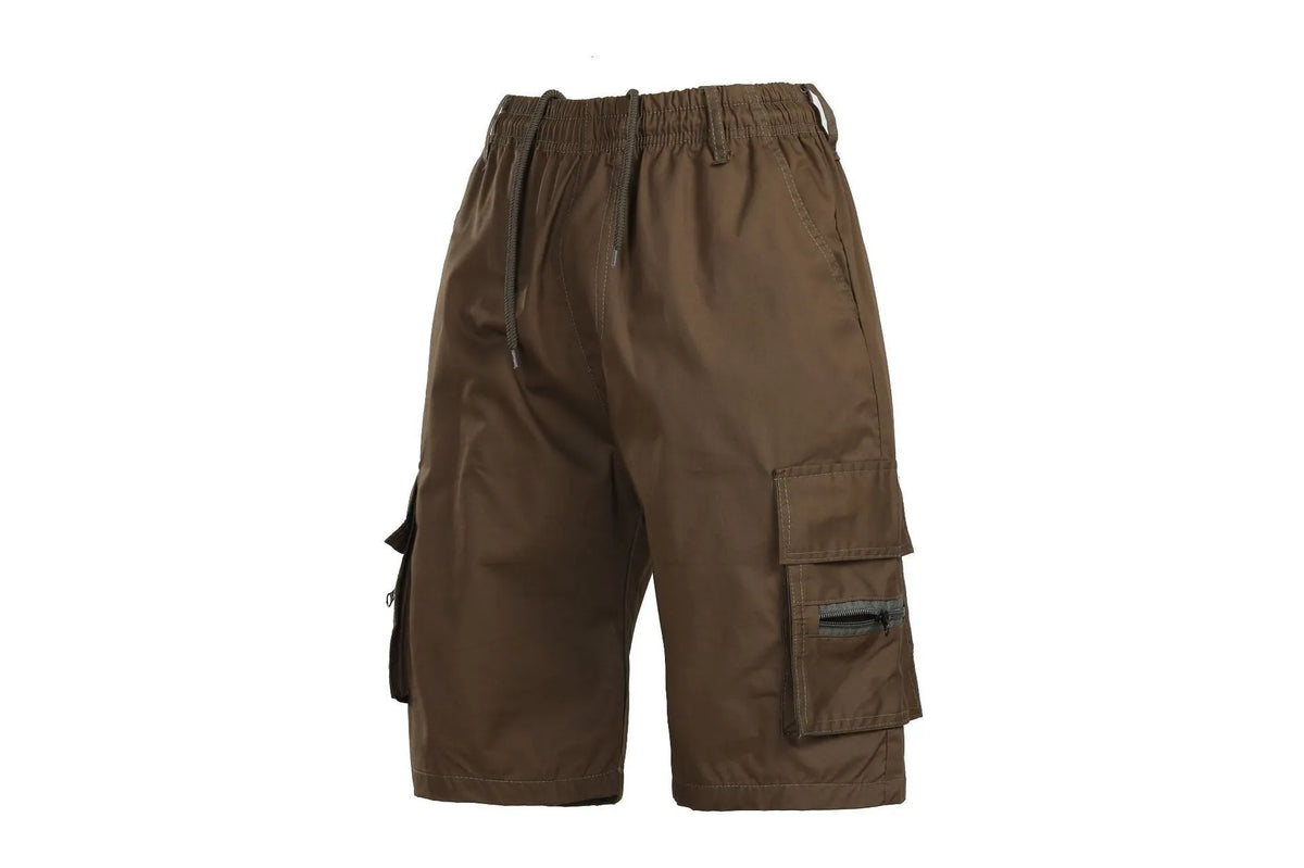 Men's khaki coloured casual shorts with multiple pockets and a drawstring waistband.