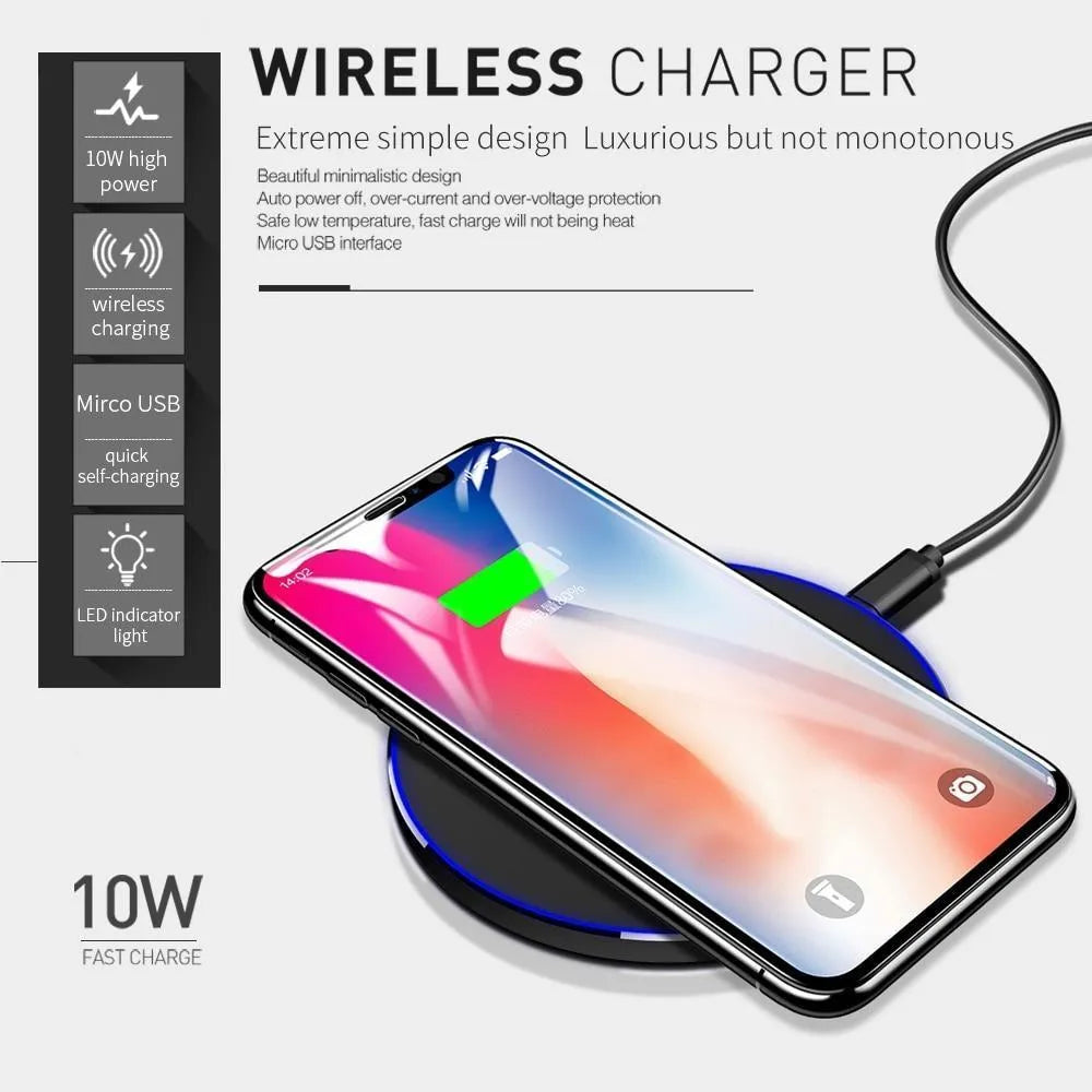 Ultra-thin black square wireless fast charger with USB cable on a table