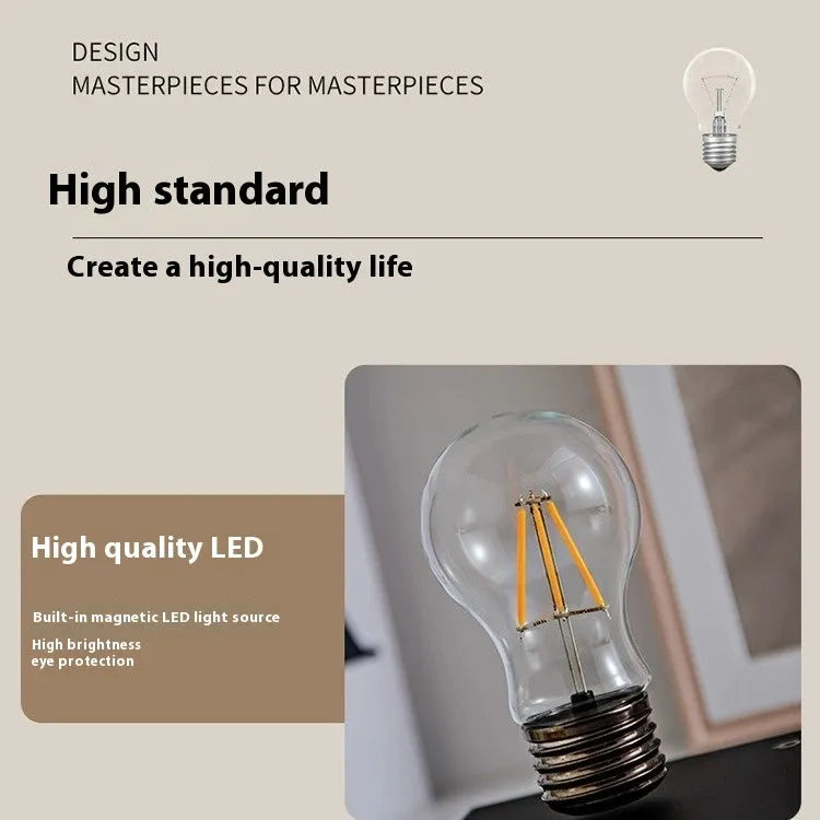 Suspension bulb creative small night lamp with iron art construction on wood grain base