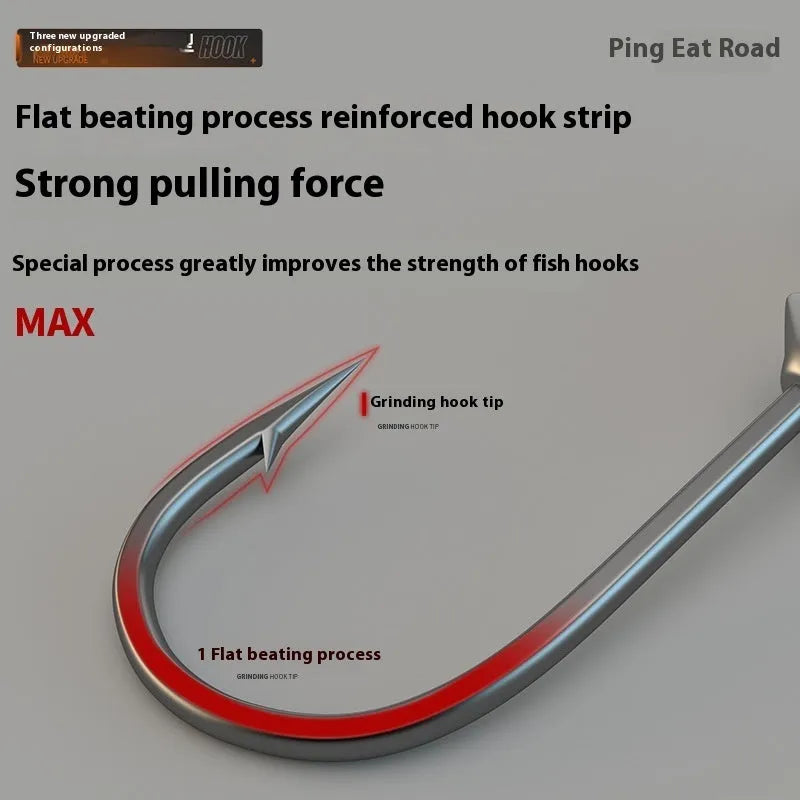 50-piece jig hook fishing set with lead heads in primary colour showing three steel construction variants