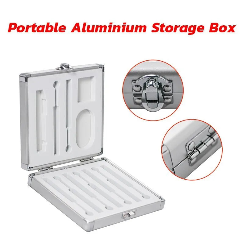 Silver aluminium portable storage box for a soldering iron, showing mini size.
