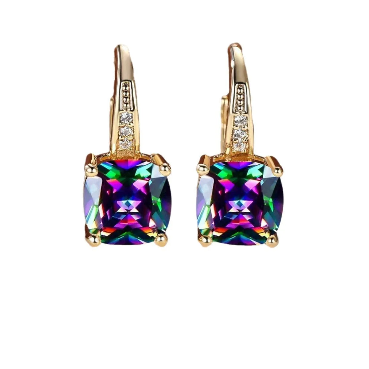 Geometric square ear clips with colourful moissanite inlays in electroplated copper
