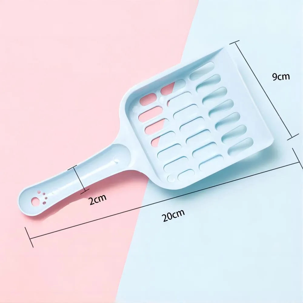 Blue plastic cat litter scoop with slotted design measuring 20cm long for litter box cleaning