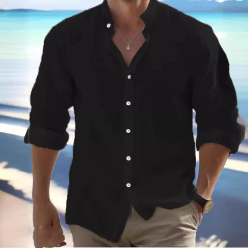 Men's long-staple cotton summer shirt in light blue with button front and casual collar