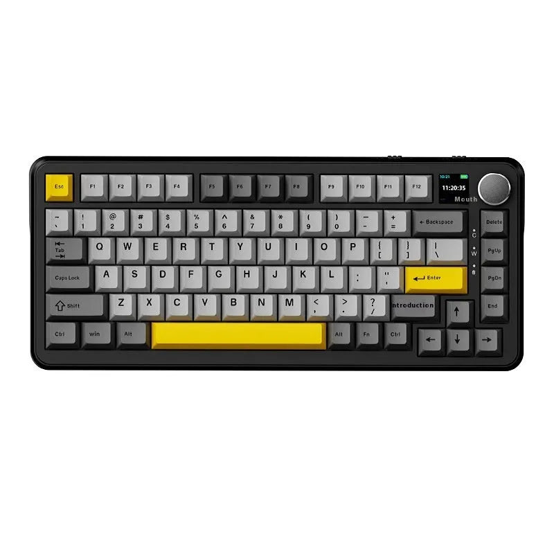 Wireless mechanical keyboard with black, grey and yellow colour scheme showing compact 75% layout with arrow keys