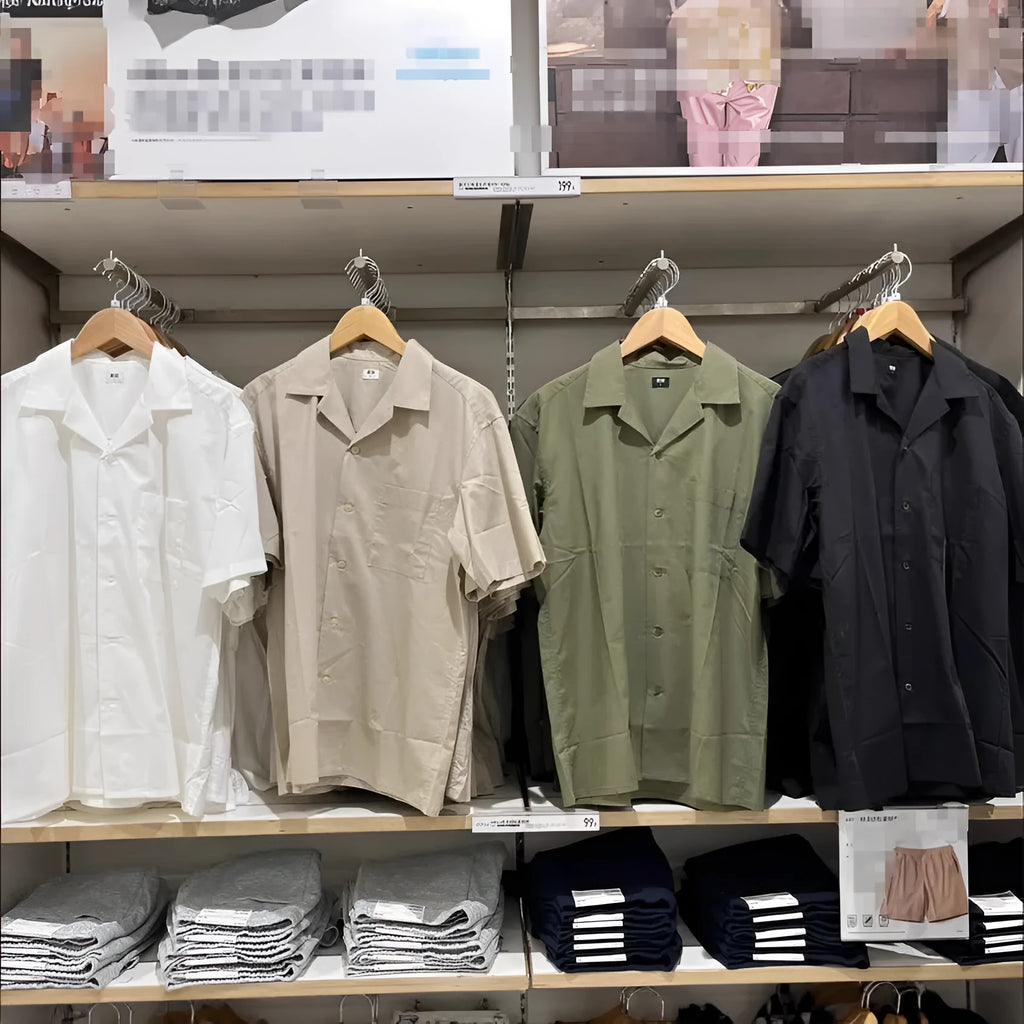 Men's beige open collar modal cotton shirt with cardigan style and collage stitching