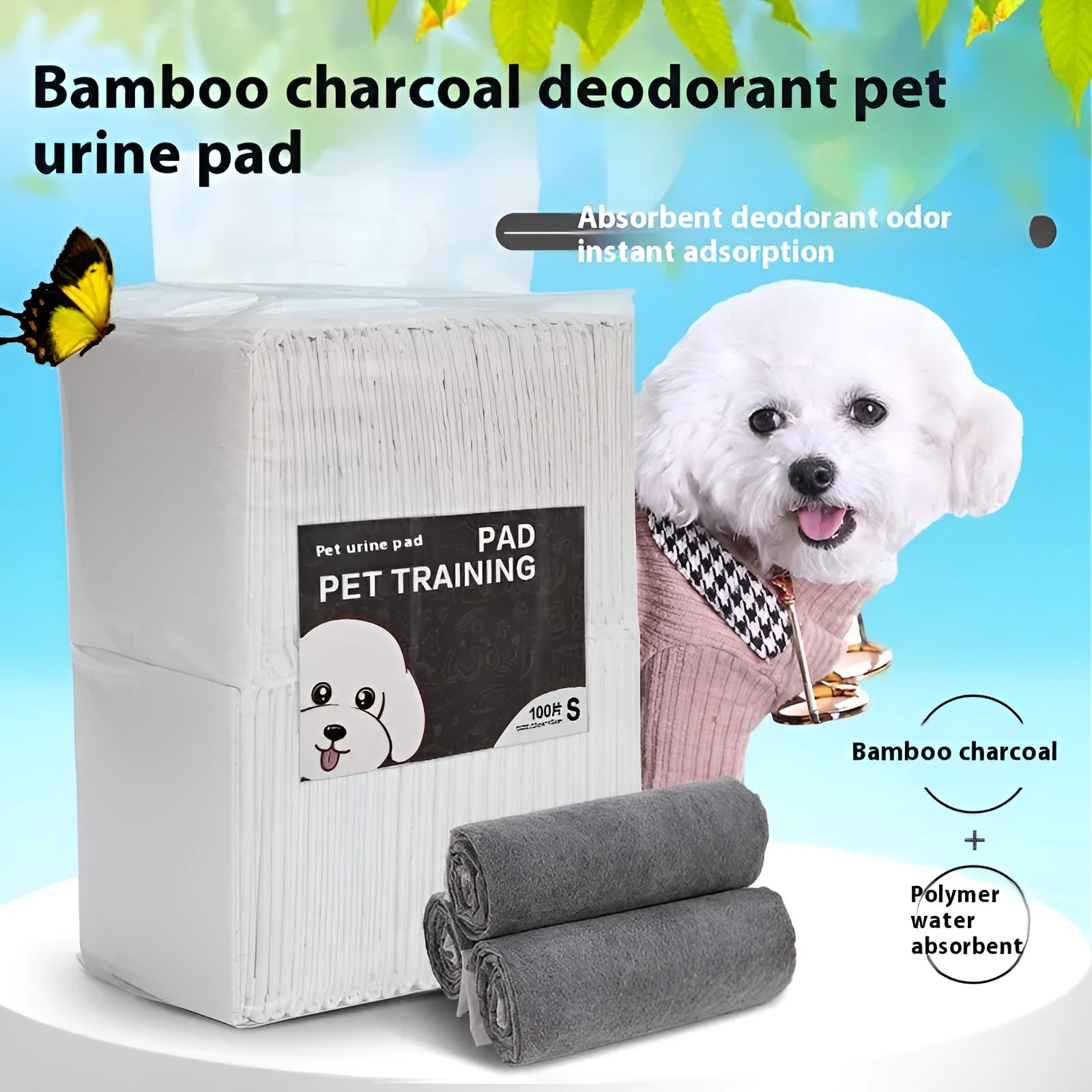 Pack of deodorant pet urinal pads for dogs and cats showing different sizes and models.