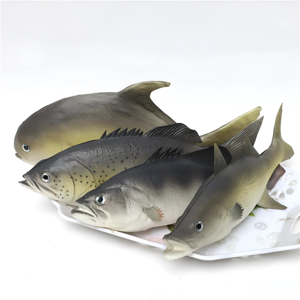 Set of three realistic PU simulated fish ornaments: yellow-fin tuna, small tuna, and yellow croaker.