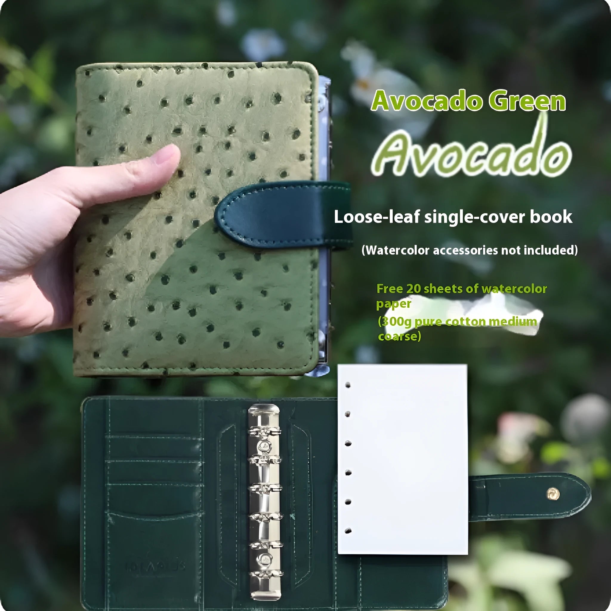A7 mini loose-leaf watercolour notebook in one of five colours: green, brown, yellow, coffee, or dark green.