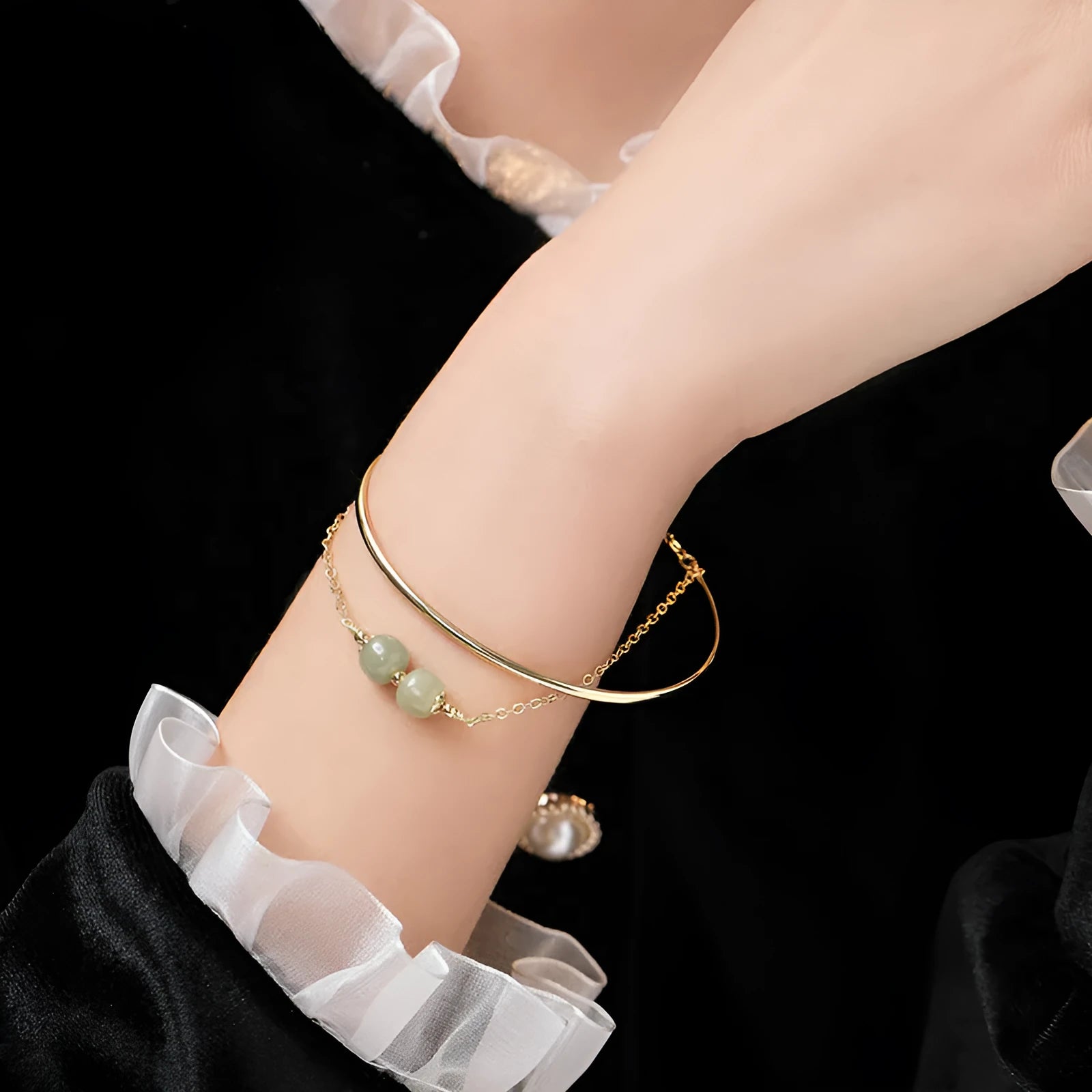 Women's jade lucky beads bracelet with gold inlay in single, double, or three beads options
