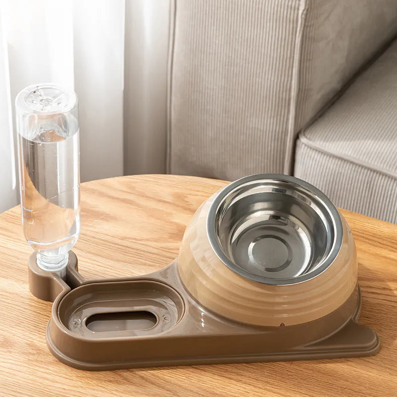 Brown elevated pet food and water bowl set with a large automatic water dispenser bottle.