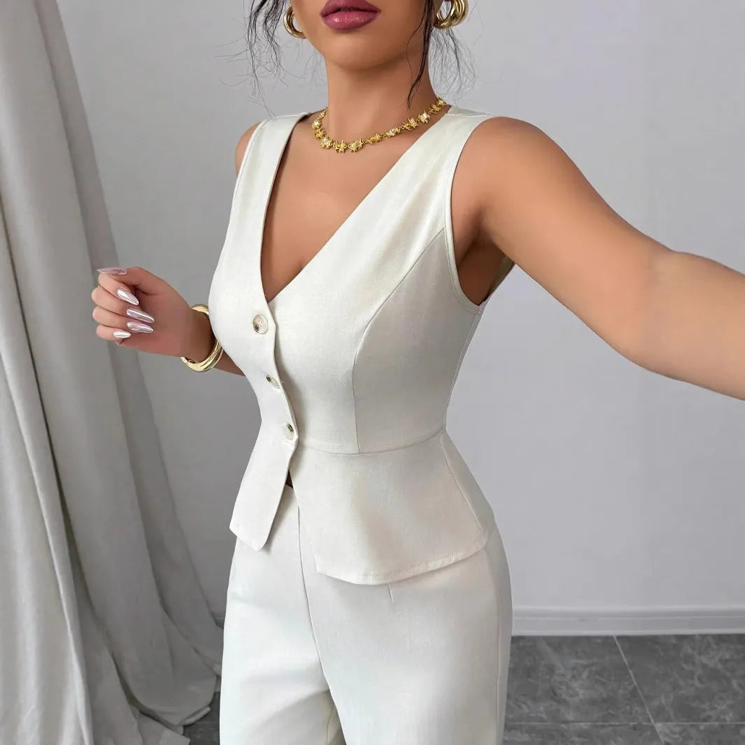 Women's solid colour sleeveless vest and high-waist trousers two-piece set in polyester casual wear