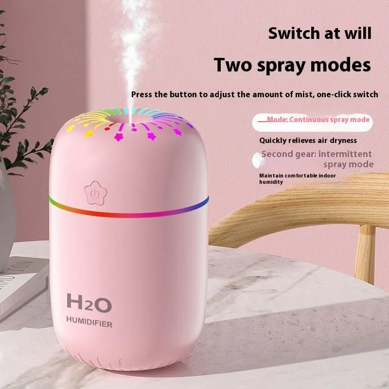Small white, pink, or green USB-powered mini humidifier with water tank on a desk.