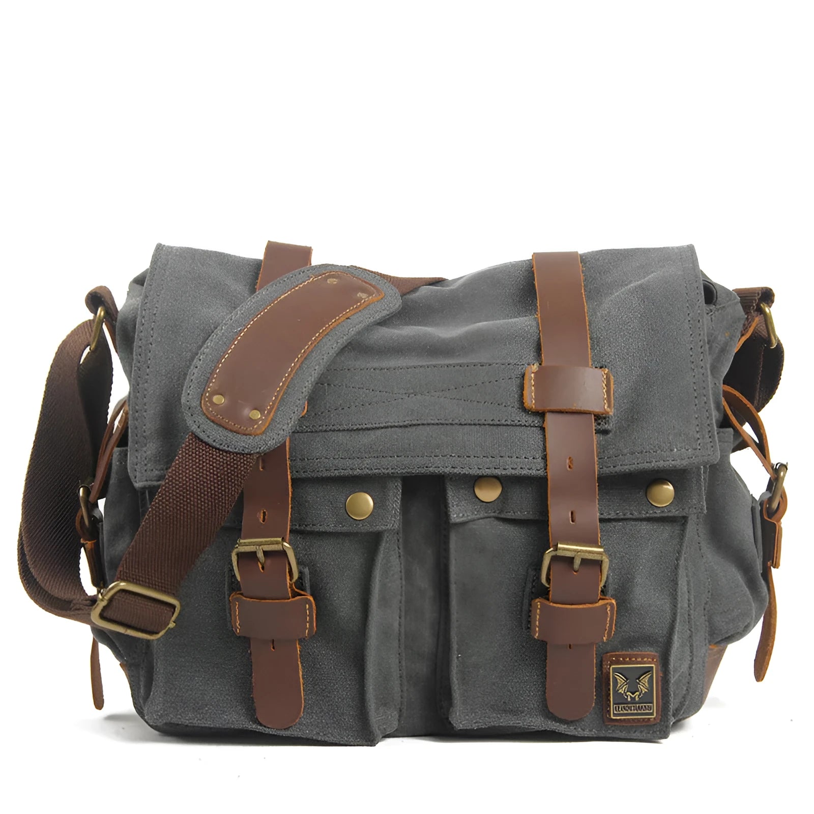 Men's canvas crossbody bag with postman flap in army green colour showing internal compartments
