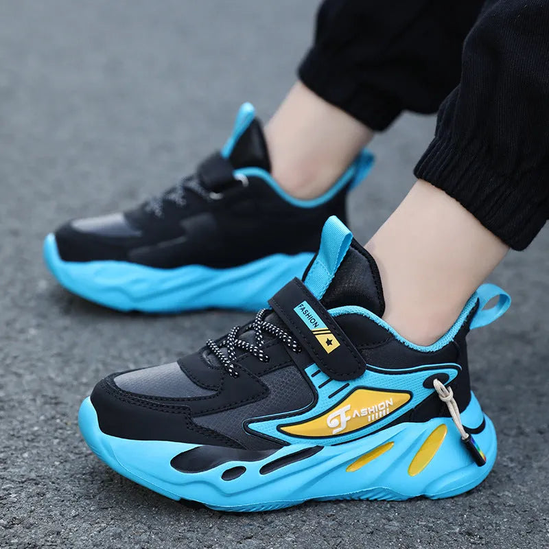 Boys' dark blue and black platform sports shoes with Velcro strap and mesh upper.